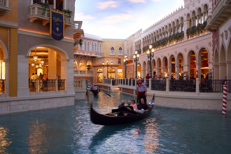 Venetian Hotel, Las Vegas. This picture is taken inside. The hotel features a painted sky-like ceiling and a river complete with gondolas!