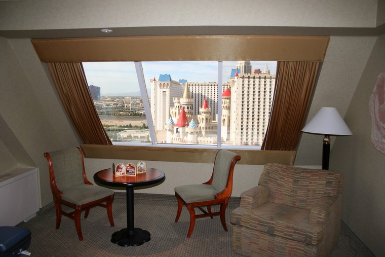 Luxor Hotel (Pyramid). Hotel room showing view of Excalibur